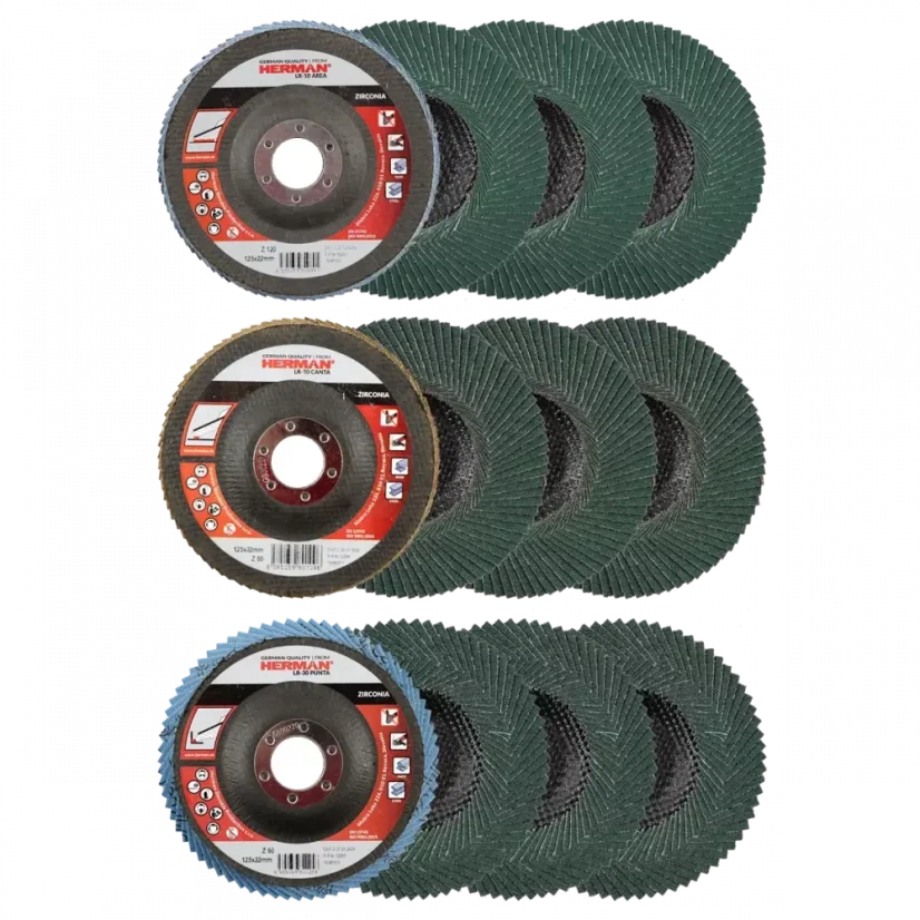 HERMAN QL-20 Sada lamelových kotoučů na nerez 125 mm / sada 12 ks (zr.  40, 60, 80, 120), zirkon