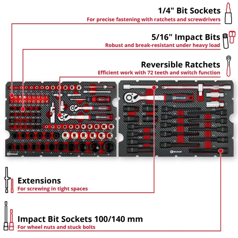 EINHELL E-Case gola sada 1/4" a 3/8" a 1/2", 121 dílů