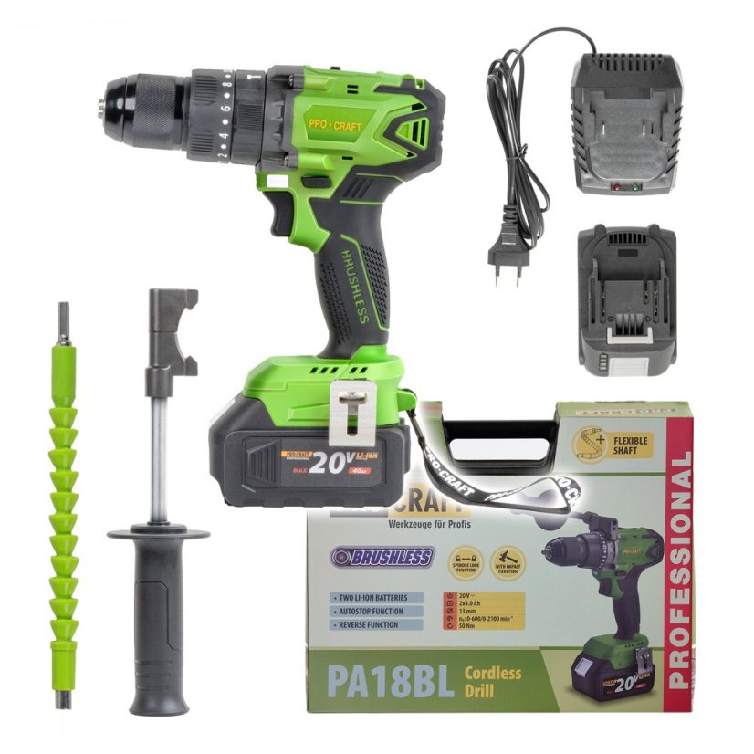 PROCRAFT PA18BL aku príklepová vŕtačka, KIT (2x 4 Ah, nab, kufor)