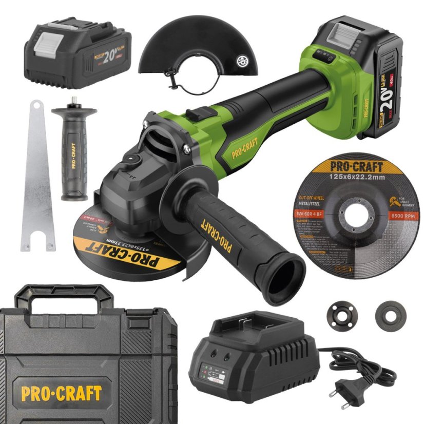 PROCRAFT PGA22 aku uhlová brúska, KIT (4 Ah, nab, kufor)
