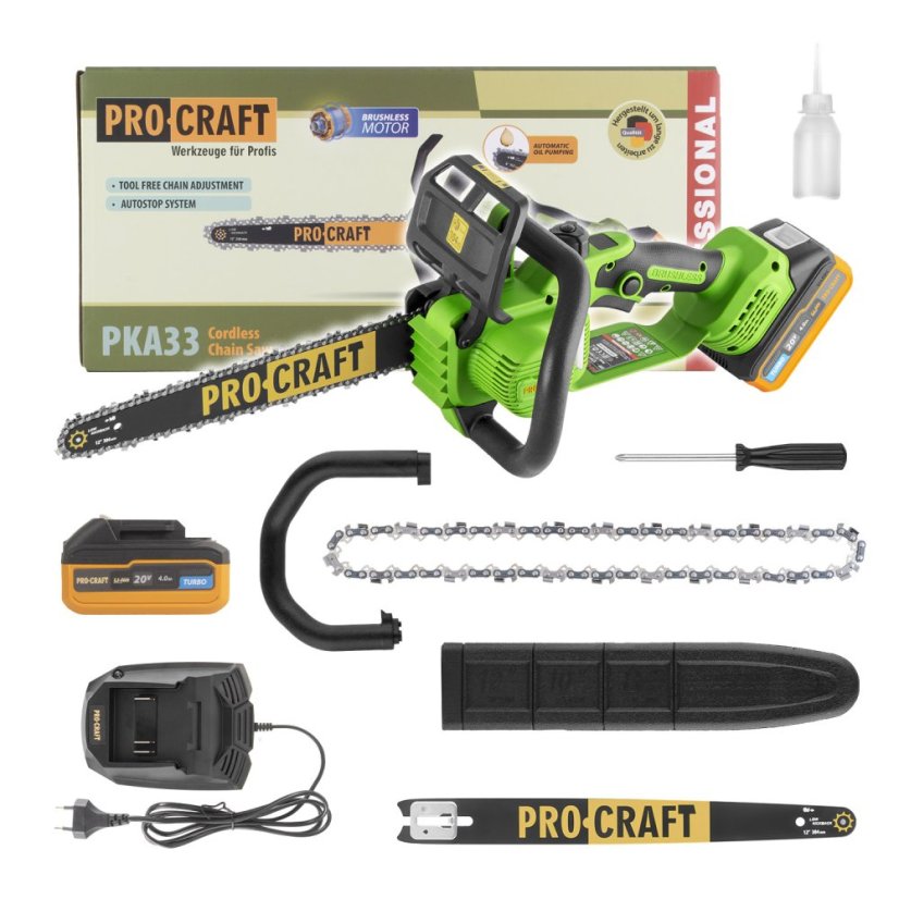 PROCRAFT PKA33 aku řetězová pila prořezávací, KIT (4 Ah, nab, kufr)